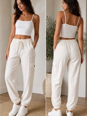 LOFT Cream Cargo Jogger Pants - Drawstring Waist NWOT